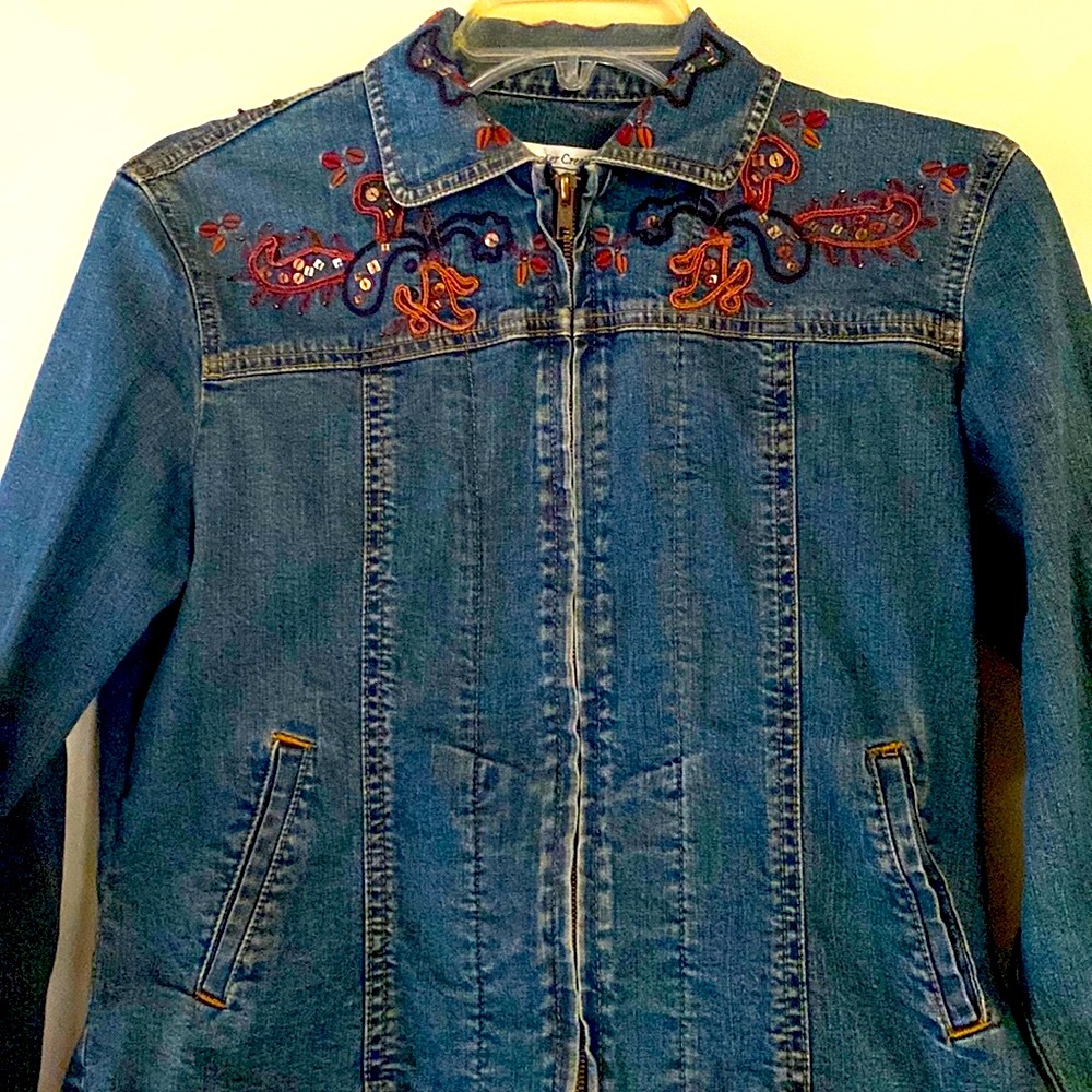 Coldwater Creek women’s sequined, designed dark denim jacket.